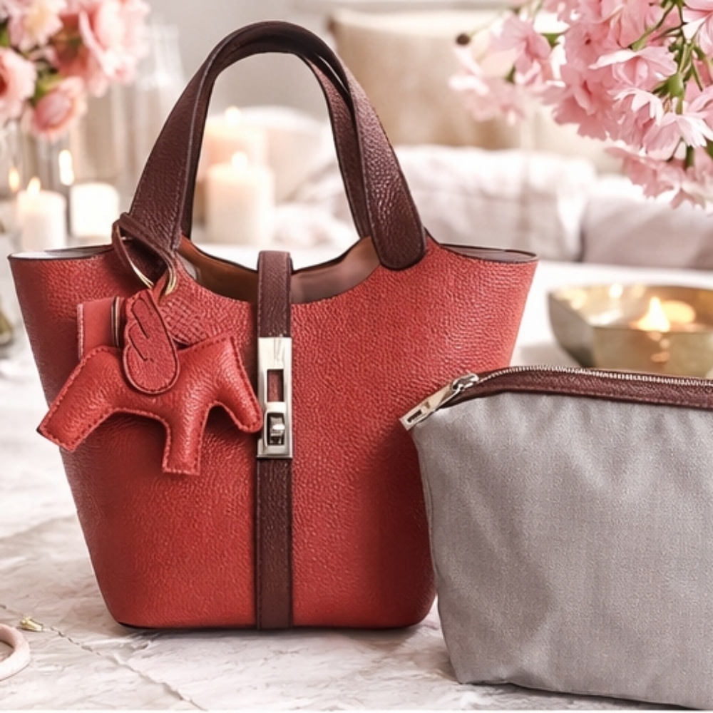 Burnt Terracotta Pebbled Faux Leather Mini Tote Set w/ Horse Charm + Inner Pouch